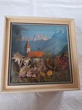 CADRE VITRÉ 3D, FLORALP TYROL, FLEURS SÉCHÉES,  ÉGLISE ET MONTAGNES ENNEIGÉES