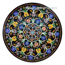 36 " Rond Noir Marbre Table Demi Précieux Pierres Handmade Inlay Décor Maison