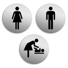 Plaque Toilettes Dames Messieurs Change Bébé | Ø 75 mm Aluminium brossé adhésif