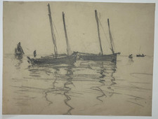 Bateaux Mouillage DESSIN ORIGINAL Marine GEORGES GOBO XX°
