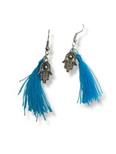 Boucles d'oreilles pompons bleu turquoises et main de Fatma artisanat Maroc