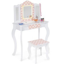 Coiffeuse enfant ROZA LED blanche et rose avec 3 miroirs et tabouret