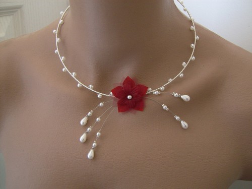 Collier fleur ivoire bordeaux - collier, ivoire/bordeaux