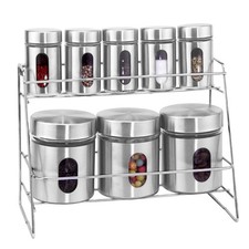Ensemble 5 Pots à Épices et 3 Rangement Inox, Couvercle, Support Solide