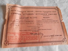 Ancien certificat d'actions actions obligations actions dette empire ottoman reçu 1922