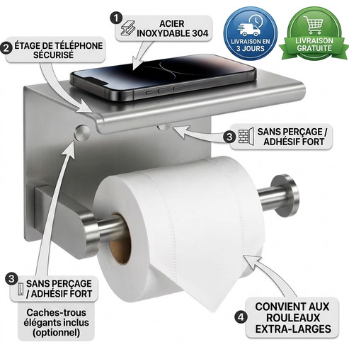 Porte papier toilette adhesif - porte,