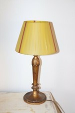 Ancien Pied De Lampe En Bois Sculpté et abat jour jaune & rouge  vintage