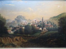 Tableau 19éme « Village en Italie « peinture a l’huile datée 1866 Signé