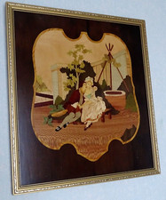 Tableau peinture marqueterie huile sur bois , Scène galante campagne , 50 x 45,5
