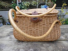 Beau Panier ancien Osier cuir anse corde plastifiée bon état 27cm haut 35X22cm