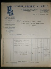 Facture ancienne j retif L barbe LYON 1946 filtres et plyfiltres