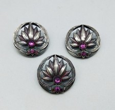 Lot 3 Anciens Boutons Fleurs en métal argenté et strass violets 30mm