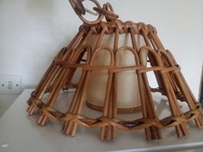 SUSPENSION LUSTRE BAMBOU évasé + ABAT-JOUR toilé droit - vintage