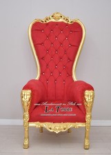 Chaise Fauteuil Trône Baroque Feuille Or Tissu Velours Ou Faux Rouge MA1825