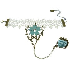 Bracelet bague femme blanc dentelle satin fleur bleu clair doré mariage mariée