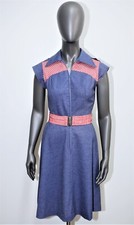 Vintage 1960s short sleeves blue cotton belted dress size 5 made in USA
