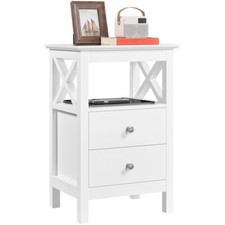 Table de Chevet Bois Scandinave avec 2 Tiroirs 1 Étagère Table d'Appoint Blanche
