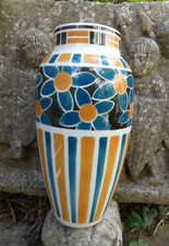 kg Lunéville vase Art Déco fleurs et bandes stylisées un fêle (photos) 26cm