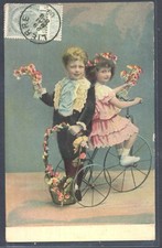 AL004 COUPLE of EDWARDIAN CHILDREN TRICYCLE Tinted PHOTO pc 1909