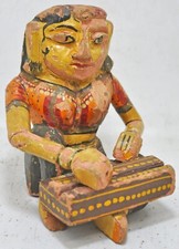 Vintage Wooden Lady Musicien Figurine Original Vieux Main Sculpté Peint