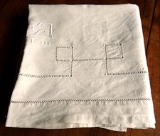 Drap ancien en pur fil de lin écru travail de jours Venise brodé main GJ 202/282