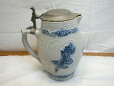 Vintage Stoneware Blue Salt Glaze Art Pottery Stein Pewter Lid Pitcher German