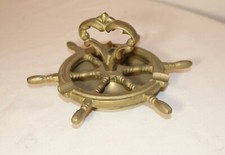 vintage solid brass figural nautical ship wooden wheel cigarette table ashtray