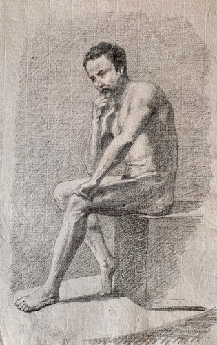 Dessin ancien homme assis - dessin, nu