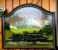 Tableau Country Corner vintage,train,locomotive dans les Alpes ,Chamonix,Annecy.