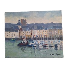 Peinture Ancienne Huile Sur Toile" Honfleur" Paysage Marin Bateau Voiliers  