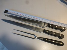 Lot de 2 ancien couteau  cuisine boucher + fourchette à viande     BOIS et ACIER