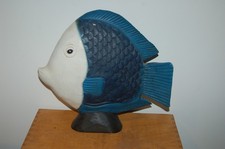 Sculpture de Poisson en Bois Sculptée à la Main  - Décoration Marine -bleu blanc
