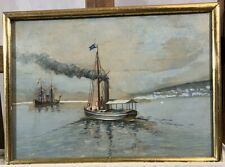 Gouache napolitaine signée Ecole Italienne Marine Bateau à Vapeur Baie de Naples