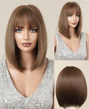 Perruque Synthétique Brun Châtain Clair Femme Coupe Court Carré Frange +4 Bonnet
