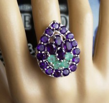 11gr BAGUE ANCIENNE ARGENT MASSIF 925 OR BLANC 18K AMETHYSTE ET EMERAUDE 56/57