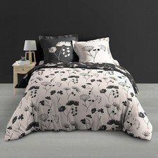 Housse de couette 240x260 cm + taies - Percale - Fleurs - Noir