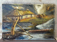 H/T ancienne, Paysage à la Barque, format 10P: 55 x 38 cm