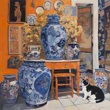 ? Tableau Original Tullasky – Série “My Cat and His Vases” – 100x100 cm