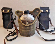 ✨ LOT DE 2 ÉTUIS VINTAGE en CUIR pour TALKIE-WALKIE avec GOURDE en INOX ✨