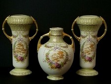 3 GORGEOUS ANTIQUE HAND PAINTED BEADED PORCELAIN SCENIC VASES