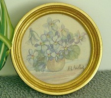 ANCIEN TABLEAU DESSIN PASTEL BOUQUET FLEURS MÉDAILLON MINIATURE CADRE DORÉ SIGNÉ