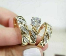 Pour Lui Et Elle Simulé Diamant Trio Ensemble Mariage Ring14K or Jaune Plaqué