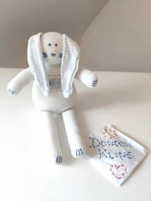 Peluche/Doudou Lapin Milleraies Blanc Rayé Bleu Clair Moustache  -  Petit Bateau