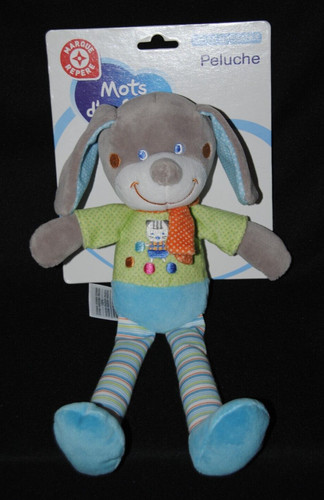 Peluche doudou chien vert bleu