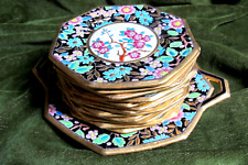 LONGWY SERCICE A DESSERT ART DECO FOND NOIR PLAT ET DOUZE ASSIETTES