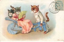 CHATS #MK39968 CHATS HUMANISER HABILLE ROBE COSTUME EVENTAIL CHARETTE EN BOIS