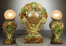 1920/1930 REVEYROLIS RARE GRD GARNITURE PENDULE LAMPES ART DECO BRONZE DORE ONYX