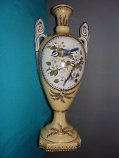 GRAND VASE BALUSTRE MEDICIS PORCELAINE ROYALE DECOR OISEAUX MESANGES PEINT MAIN