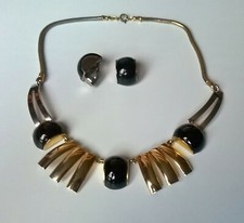 collier Art Déco métal chromé et argenté + bakelite noire + BO long 42 cm