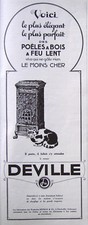 PUBLICITE DE PRESSE 1924 DEVILLE DES POÊLES A BOIS A FEU LENT - CHAT